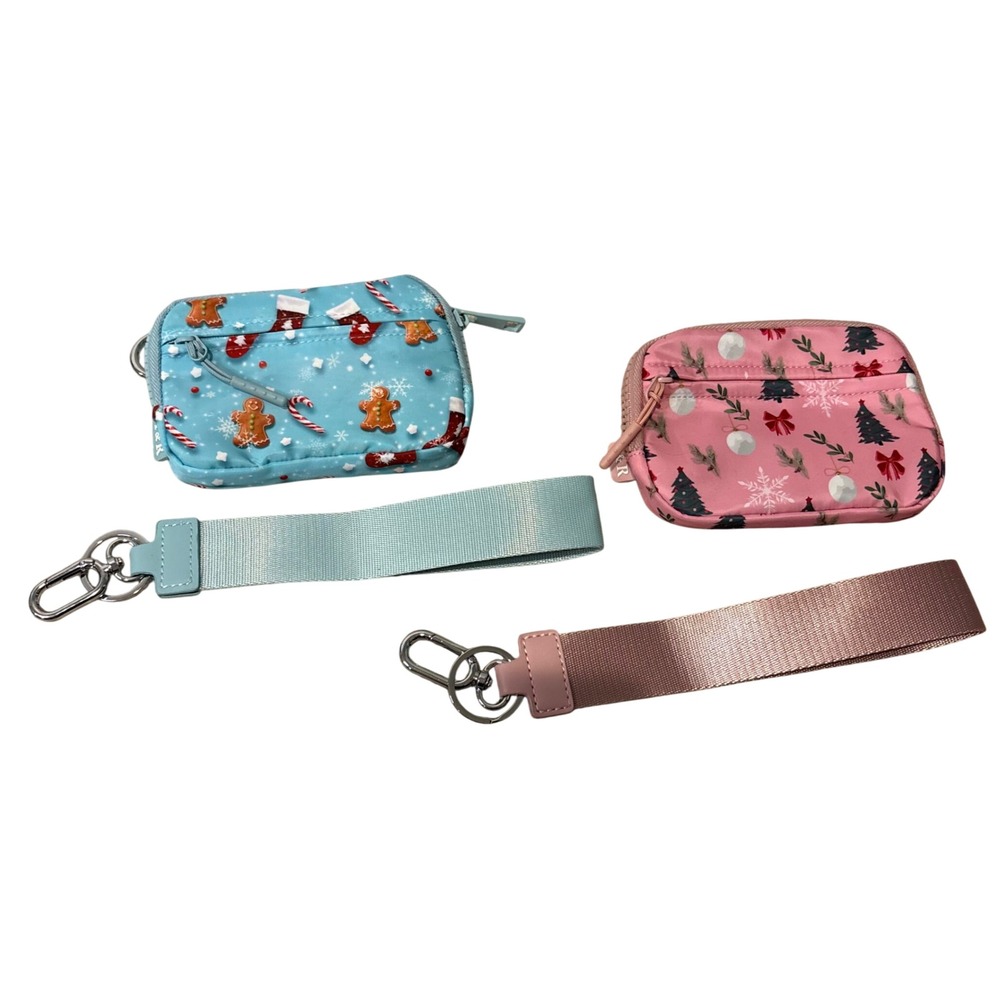 I&R Christmas Holiday Mini Pouch Wristlet Set Blue Pink Gingerbread Trees